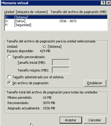 Liberar espacio en disco moviendo archivo de paginación Windows 2003